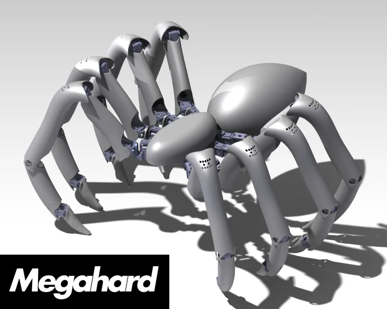 Robot spider CAD render with Megahard logo